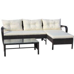 Outdoor patio Furniture sets 3 piece Conversation set wicker Ratten Sectional Sofa With Seat Cushions(Beige Cushion) - Brown