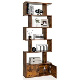 6-Tier S-Shaped Freestanding Bookshelf with Cabinet and Doors - Coffee
