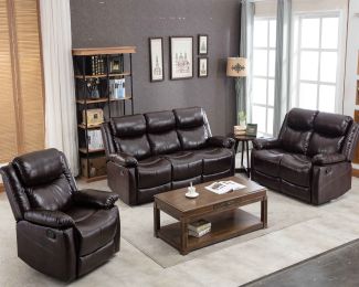 PU Leather Reclining Sofa Set; Classic Sectional Couch Furniture Lounge Chair; Loveseat and Three Seat for Home or Office (1+2+3-Seat) - Brown