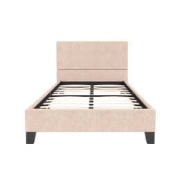 Twin Upholstered Linen Platform Bed / Metal Frame with Tufted Square Stitched Fabric Headboard / Wooden Slats / Mattress Foundation / No Box Spring Ne