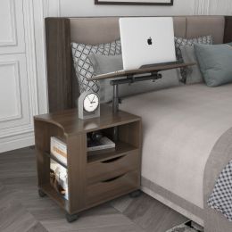 Height Adjustable Overbed End Table Wooden Nightstand with Swivel Top; Storage Drawers; Wheels and Open Shelf; (Black Walnut) - as picture