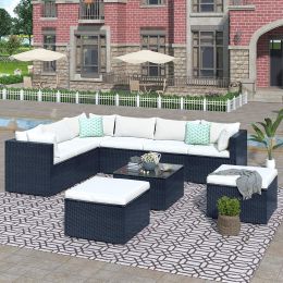 9-piece Outdoor Patio PE Wicker Rattan conversation Sectional Sofa sets with 3 sofa, 3 corner sofa, 2 ottomans, and 1 glass coffee table, removable so