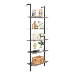 5-Shelf Wood Ladder Bookcase with Metal Frame, Industrial 5-Tier Modern Ladder Shelf Wood Shelves,Gray YJ - picture