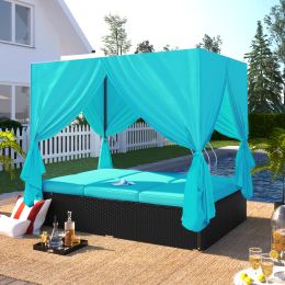 Outdoor Patio Wicker Sunbed Daybed with Cushions, Adjustable Seats - Blue