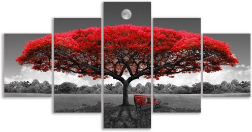 Canvas Wall Art Red Tree Wall Art with Moon Black and White Framed Artwork Landscape Pictures for Wall Decor Large Pictures for Living Room 5 Pieces -