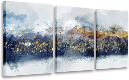 Abstract Wall Art for Living Room Navy Blue and Gold Mountain Abstract Watercolor Pictures for Bedroom Bathroom Wall Decor 3 Piece - 12inchx16inchx3pi