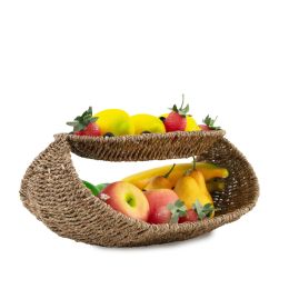 2 Tier Tray Fruit Holder | Decorative Tabletop for Food, Snack Cover for Dinning Room and Home Decor - Seagrass