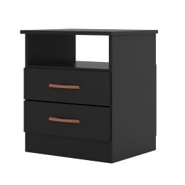 Wooden End Side Table Nightstand with 2 Drawers and 1 Open Compartment; Black; DunaWest - UPT-225274