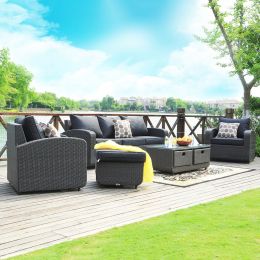 Direct Wicker Aluminum 5-piece Outdoor PE Rattan Wicker Sofa Rattan Patio Garden Furniture ,Gray - Black Wicker