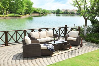 Direct Wicker Aluminum 5-piece Outdoor PE Rattan Wicker Sofa Rattan Patio Garden Furniture ,Gray - Brown Wicker