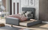 Linen Upholstered Platform Bed With Headboard and Trundle; Full - as pic